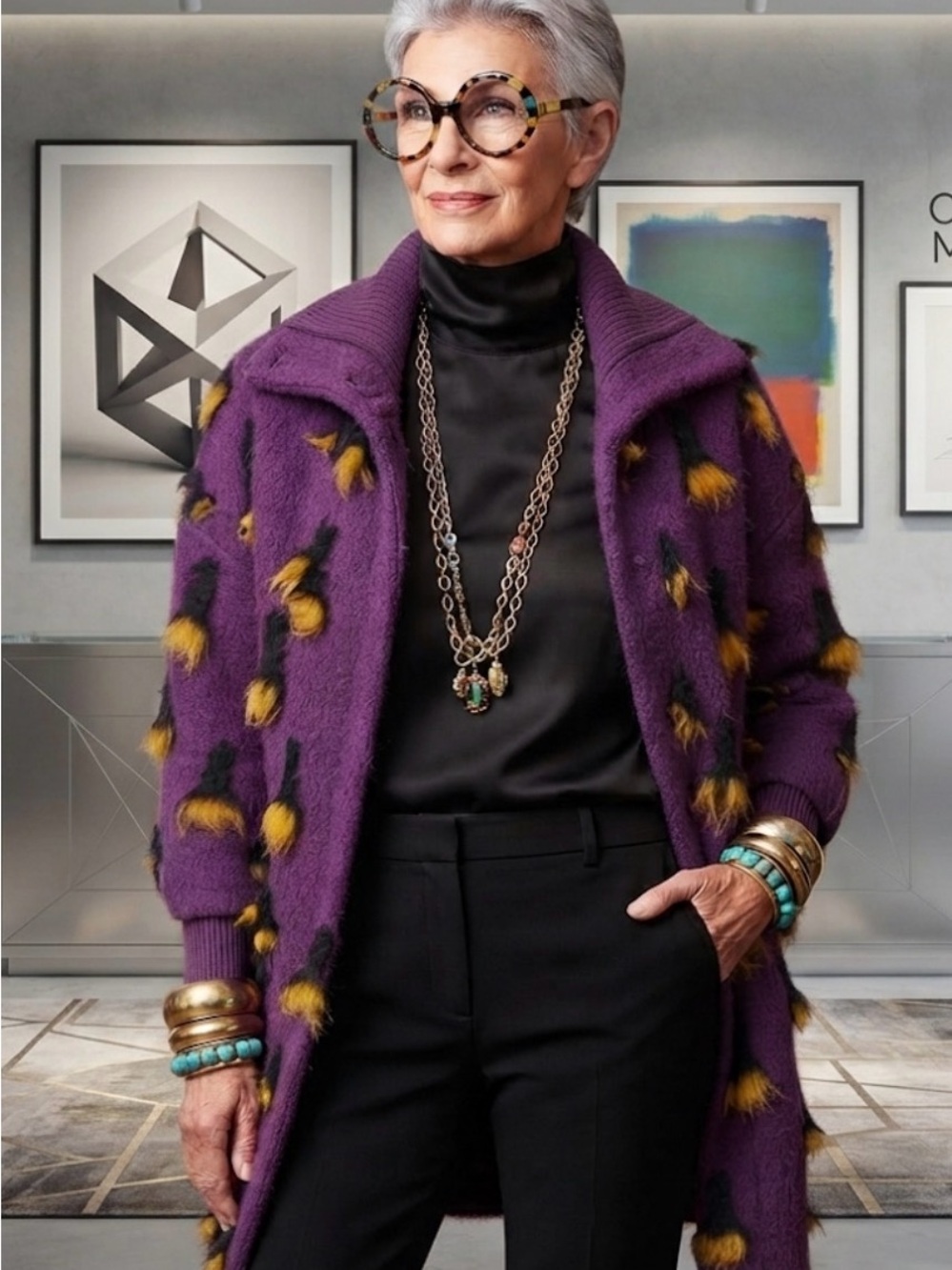 Rare Avis by Iris Apfel Purple Textured Knit Jacket with Yellow Tufts - Small